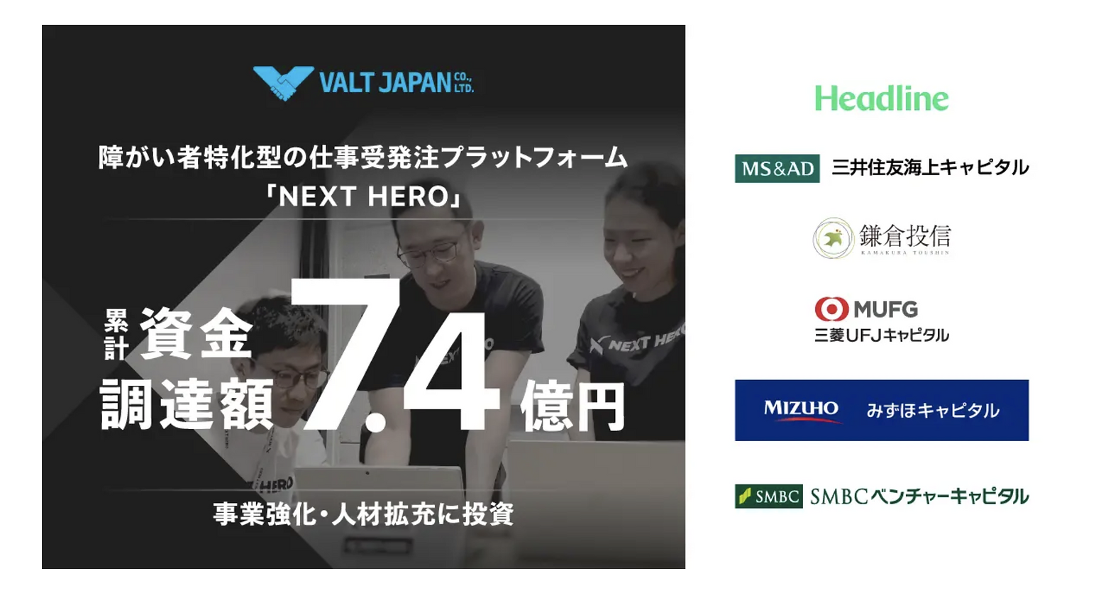 障がい者特化型の仕事受発注プラットフォーム「NEXT HERO」を運営するヴァルトジャパンが資金調達を実施。累計調達額は7.4億円に。企業のサステナビリティ経営と障がい者等の就労困難者の活躍を両立へ