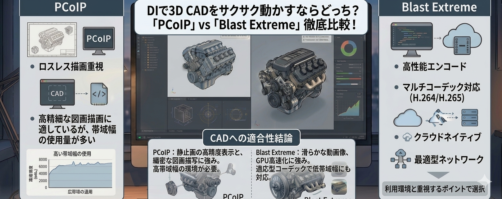 🖥️ VDIで3D CADをサクサク動かすならどっち？「PCoIP」vs「Blast Extreme」徹底比較！