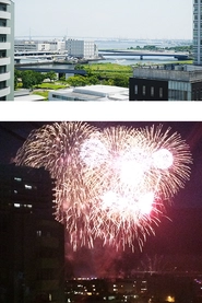 横浜の海を臨む眺めは昼も夜も抜群です。夏にはオフィスから迫力の花火が見られます。