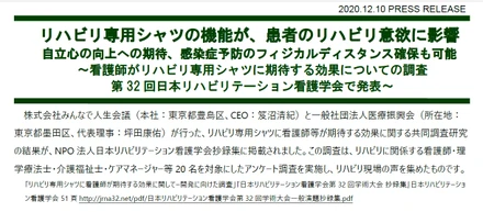 リハビリ専用シャツの機能が、患者のリハビリ意欲に影響　自立心の向上への期待、感染症予防のフィジカルディスタンス確保も可能～看護師がリハビリ専用シャツに期待する効果についての調査第32 回日本リハビリテーション看護学会で発表～